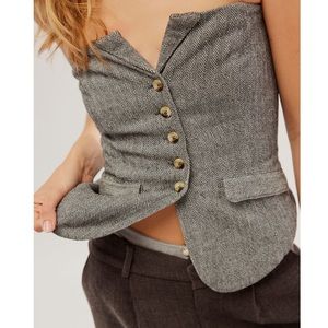 Free People Gray Herringbone Button-Up Top